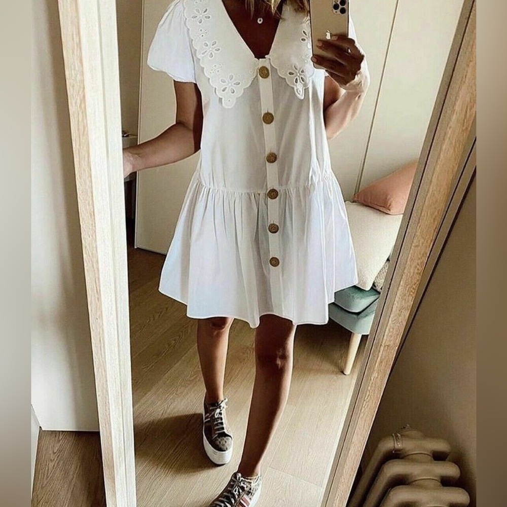 Zara Avantlook cotton poplin White Eyelet lace Collar Button Mini Dress guipure